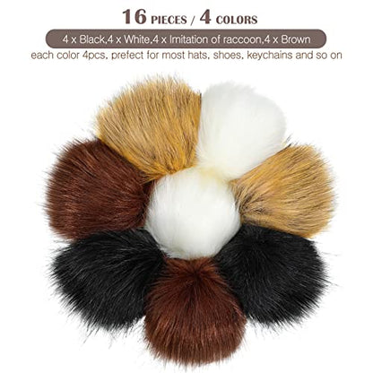 Tatuo 16 Pcs Faux Fur Pom Poms for Hats, Black, White, Natural, Coffee - color: Black, White, Natural, Coffee