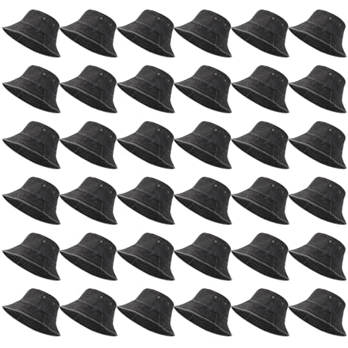 Xtinmee 36 Pcs Bucket Hats Bulk Washed Cotton Foldable Bucket Hat Wide Brim Sun Hats for Women Men Beach Tie Dye DIY - color: Black, size: Medium
