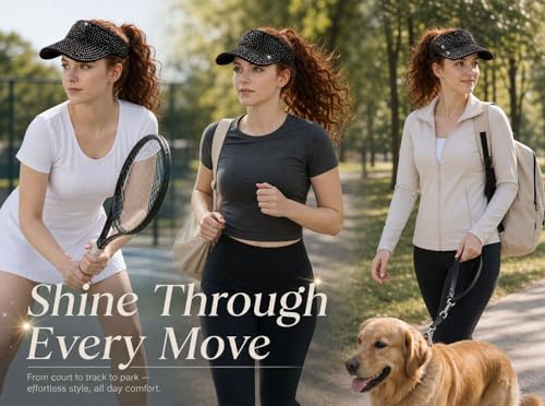 Women Shiny Rhinestone Bling Sun Visor Adjustable Tennis Beach Ponytail Hat - color: Black Hat+black Rhinestone