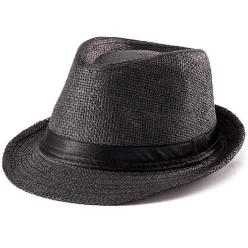XL Straw Fedora Hats for Men Summer Trilby Beach Travel Panama Casual 7 1/2 - color: Black