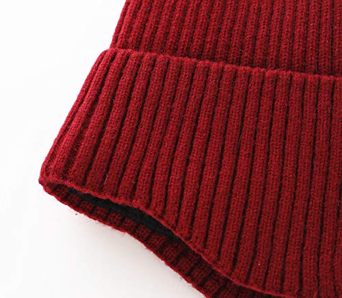 Connectyle Fleece Lined Beanie Hat for Men Women Warm Winter Hats with Earflaps Stretchy Ribbed Knit Skull Cap - color: Wine Red