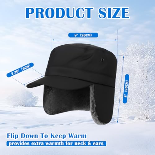 2 Pcs Men's Waterproof Winter Hat with Visor Warm Earflaps Winter Trapper Hat Fully Lined Faux Fur Baseball Cap - color: Black, Grey