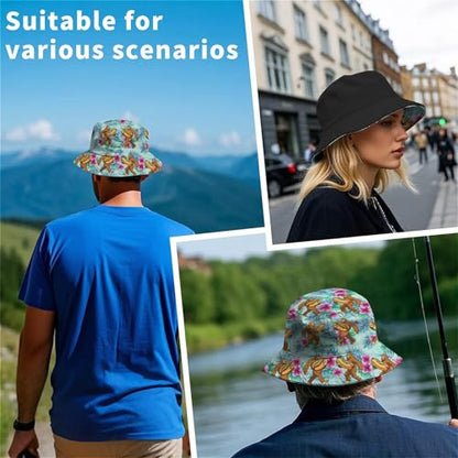 Amasnay Neon Bucket Hat Cotton Double-Side-Wear Reversible Sun Hat for Women Men, Summer Vacation Travel Beach Fisherman Hat - color: Bigfoot Hotdog Print