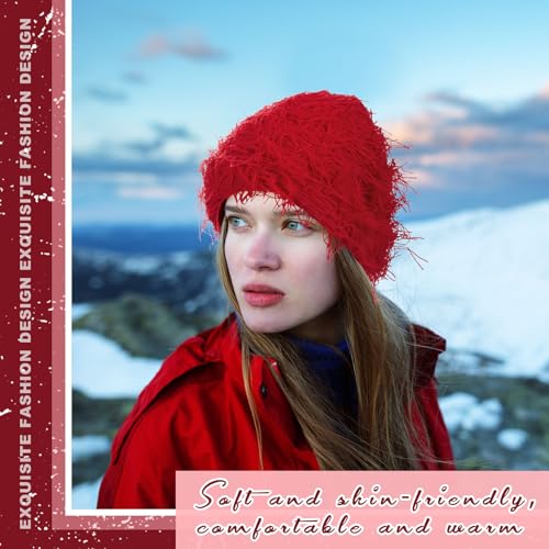 Chuarry Distressed Knitted Beanie Fuzzy Winter Hat - color: Red