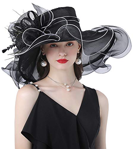 Z&X Women Organza Church Derby Hat Wide Brim Sun Hats for Wedding Tea Party Fascinator Hat, Dual-use - color: 2003- Black