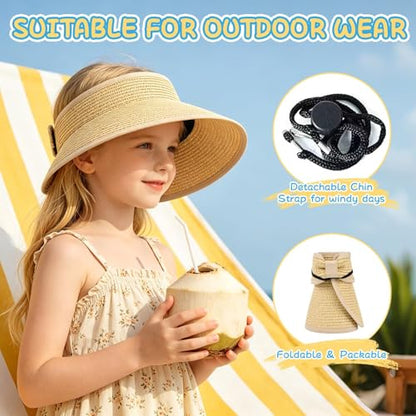 Girls Sun Visor Hat with Ponytail Hole Wide Brim Beach Straw Visor UPF 50+ - color: 1pack-beige
