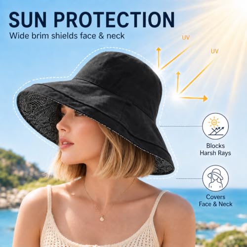 HUAMULAN Wide Brim Women Summer Sun Floppy Hat Reversible Beach Bucket Hat - color: M2246-black