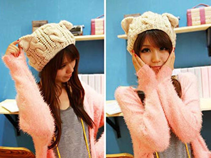 Women Winter Wool Baggy Beret Beanie Cute Devil Cat Ear Crochet Braided Knit Hat Ski Cap - color: Grey