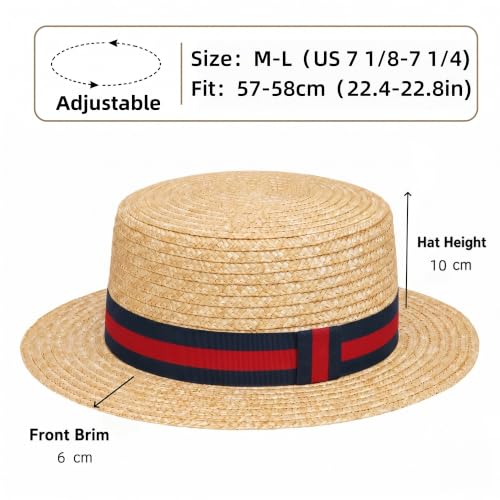 Classic Straw Boater Hat for Men and Women,Vintage Skimmer Flat Top Hat - color: Blue Red Ribbon