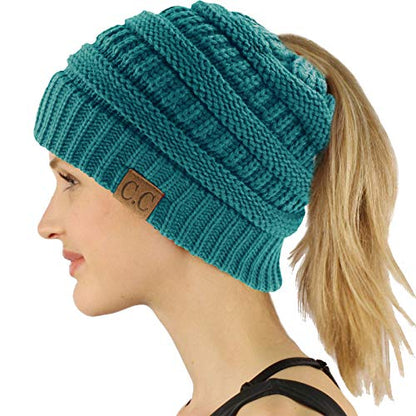 C.C Exclusives Soft Stretch Cable Knit Messy Bun Ponytail Beanie Winter Hat for Women (MB-20A) - color: Solid Teal