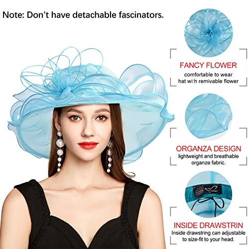 2026 Derby Hats for Women Ladies, Classy Organza Sun Hat, Church Tea Party Wedding Kentucky Fascinator Hat - color: C4062-light Blue