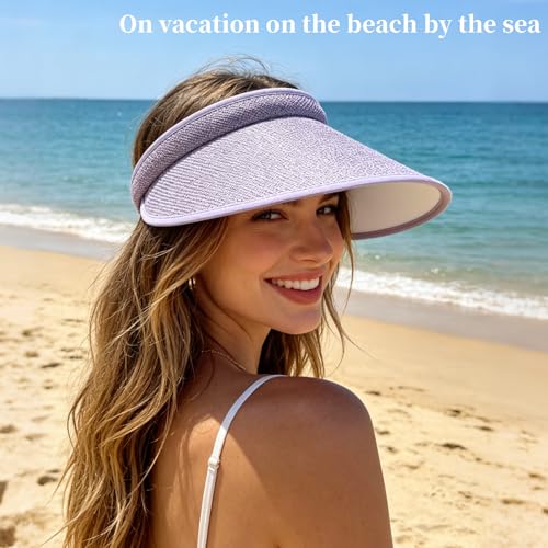 Women's Sun Visor Hats, 4 Pack Wide Brim UV Protection Empty Top Linen Visors Clip-on Headband Style Beach Hats for Women - color: White, Pink, Purple, Light Yellow