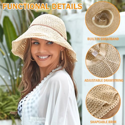 Women's Straw Bucket Sun Hat, Packable Floppy Wide Brim Beach Hat - color: Beige a