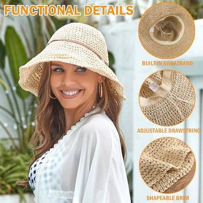 Women's Straw Bucket Sun Hat, Packable Floppy Wide Brim Beach Hat - color: Beige a