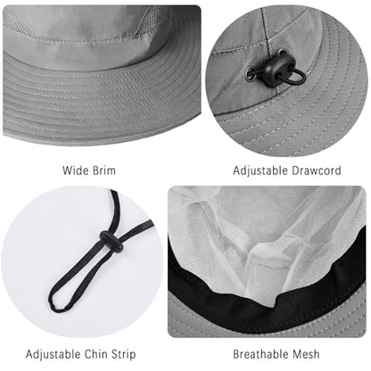 ZOORON Sun Hats for Men Women, Wide Brim Safari Hats UV Protection UPF50+ Waterproof Boonie Hats for Fishing Hiking Camping - color: With One Pair Cooling Sleeves-1pack-gray