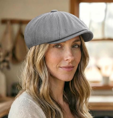 DIYDECAL Mens Newsboy Cap 8 Panel,Cotton Blend Flat Ivy Gatsby Cabbie Golf Hat - color: Light Grey