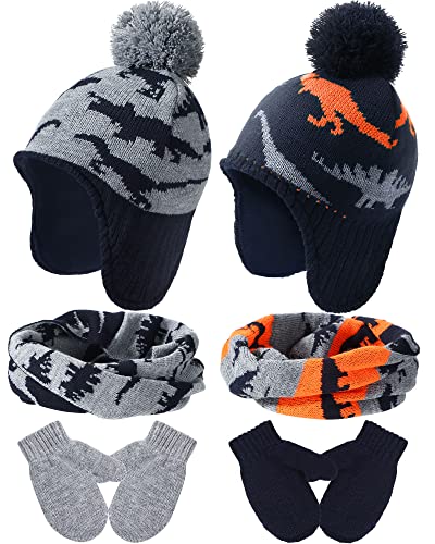 SATINIOR Winter Toddler Boys Hat Dinosaur Warm Mittens Scarf Set Pompom Baby Beanie Knitted Baby Hat Scarf Gloves Earflaps - color: Modern Color