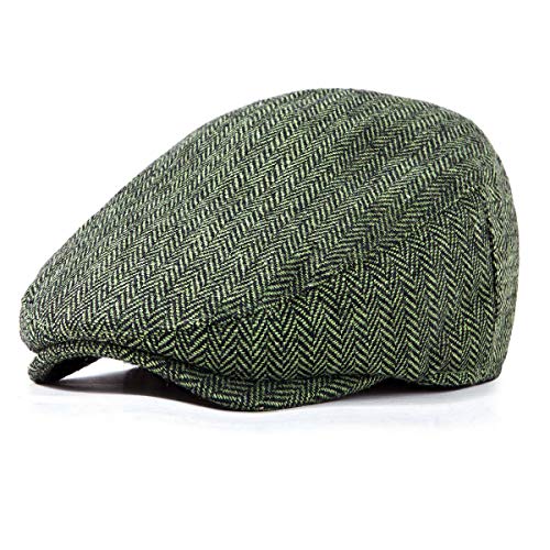 Herringbone Flat Ivy Newsboy Cap for Men 1920s Wool Blend Tweed Cabbie Hat - color: 004 Green, size: Small-Medium