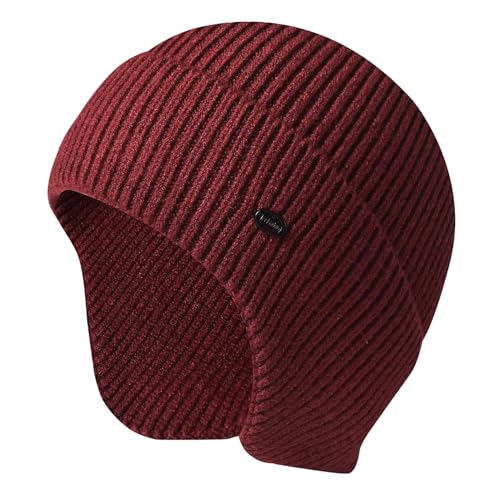 Winter Beanie Hats for Men Outdoor Stretchy Knit Ski Caps with Earflap Windproof - color: Red