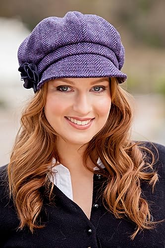 Newsboy Hat for Women's Cap 8 Panel Wool Made in Ireland - color: Purple Herringbone