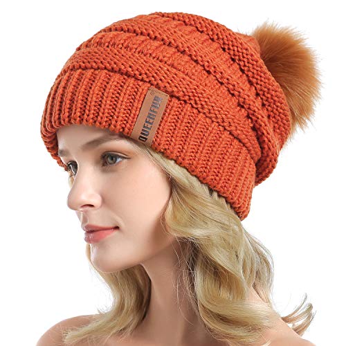 Women Knit Slouchy Beanie Chunky Baggy Hat with Faux Fur Pompom Winter Soft Warm Ski Cap - color: D8-orange