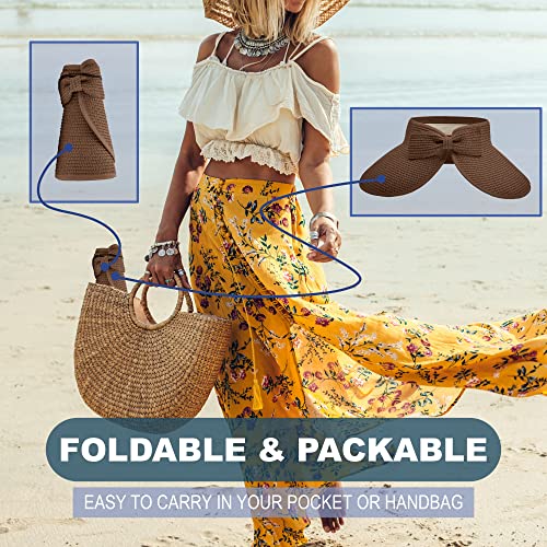 Straw Sun Visor for Women, Wide Brim UPF 50+ Protection Beach Hat, Adjustable, Roll Up Foldable Ponytail Cap with Chin Strap - color: Carmal