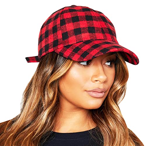 Womens Buffalo-Check Ball-Cap Red-Black-Plaid Baseball-Hat