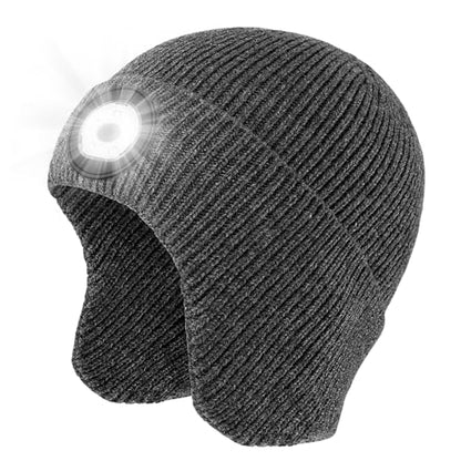 LED Beanie Hat with Light, USB Rechargeable LED Headlamp Hat, Unisex Winter Hat Warm Knitted Earflap Beanie with Night Flashlight (Dark Grey) - color: Grey Adult