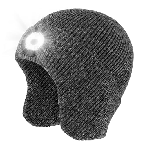 LED Beanie Hat with Light, USB Rechargeable LED Headlamp Hat, Unisex Winter Hat Warm Knitted Earflap Beanie with Night Flashlight (Dark Grey) - color: Grey Adult