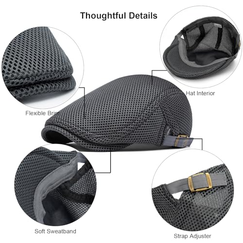 Mens Mesh Cap Flat Ivy Gatsby Newsboy Beret Driving Hat Adjustable Breathable Summer Hats - color: Dark Grey