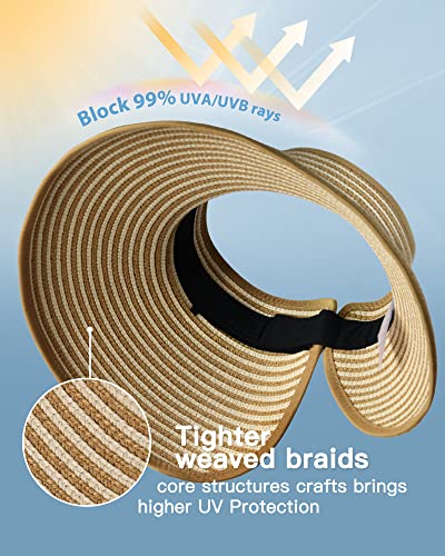 FURTALK Womens Sun Hat with Ponytail Hole Wide Brim Beach Straw Visor - color: 04-khaki Beige Stripes