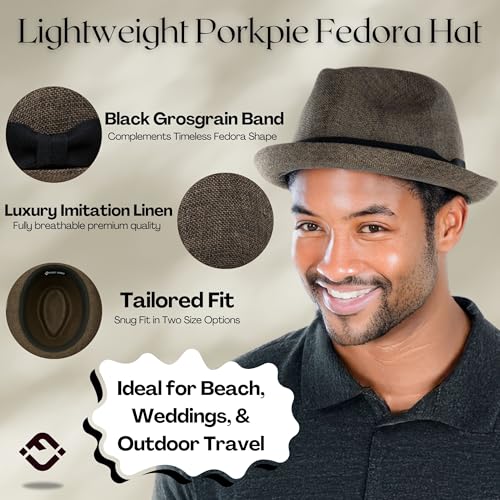 Funky Junque Men's Panama Porkpie Fedora, Linen Summer Beach Hat - color: Coffee Brown, size: Small-Medium