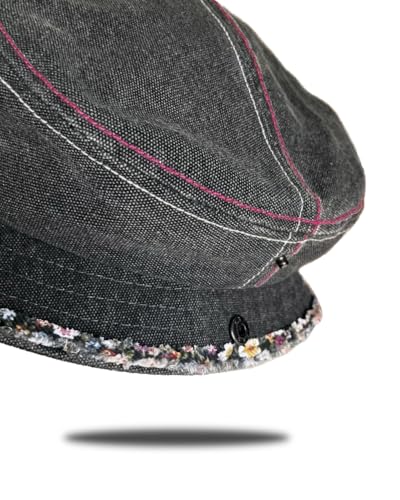 Women Denim Bucket Hat Brim with Floral Foldable Versatile Cap - color: Black