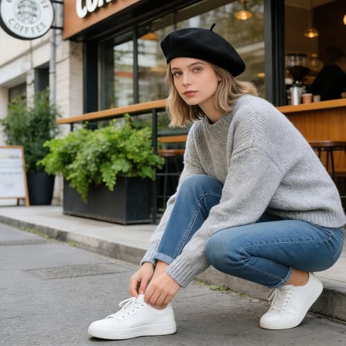 Women French Beret Hat Solid Artist Hat Wool Beret Winter Warm Beanie Cap - color: Black