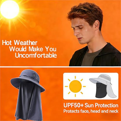 Plus Size XL XXL Sun Hats for Men Bucket Boonie UV Protection UPF50+ Waterproof Wide Brim Foldable Fishing Beach - color: Dark Gray With Neck Flap Face Cover, size: Large-X-Large