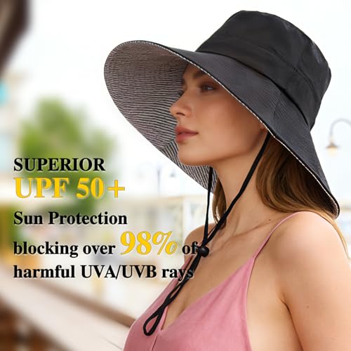 Sun Hats for Women Wide Brim Foldable Beach Hat UV UPF50+ Summer Sun Protection Bucket Hat for Outdoor, Gardening, Travel - color: Black