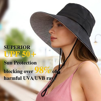 Sun Hats for Women Wide Brim Foldable Beach Hat UV UPF50+ Summer Sun Protection Bucket Hat for Outdoor, Gardening, Travel - color: Black