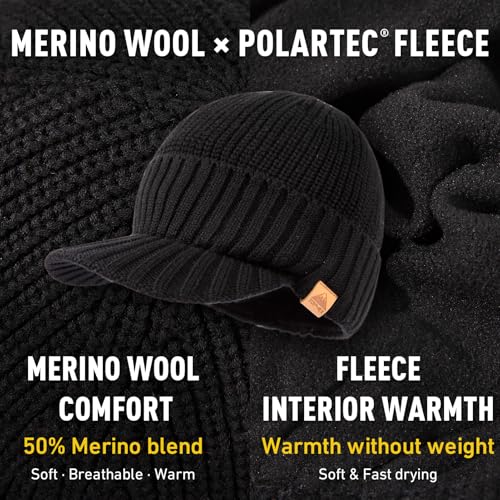 TOP-EX DryKnit™ 50% Merino Wool Waterproof Winter Beanie Hat with Brim - color: Black, size: Medium-Large
