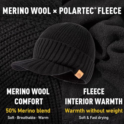 TOP-EX DryKnit™ 50% Merino Wool Waterproof Winter Beanie Hat with Brim - color: Black, size: Medium-Large
