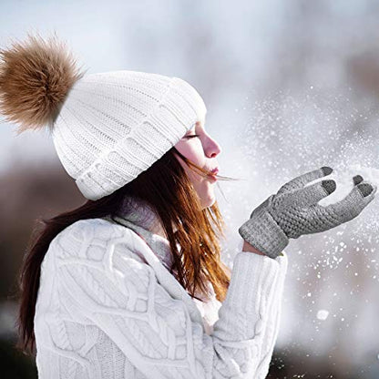 Syhood 4 Pcs Hat and Glove Set Winter Beanie and Glove Set - color: White and Grey