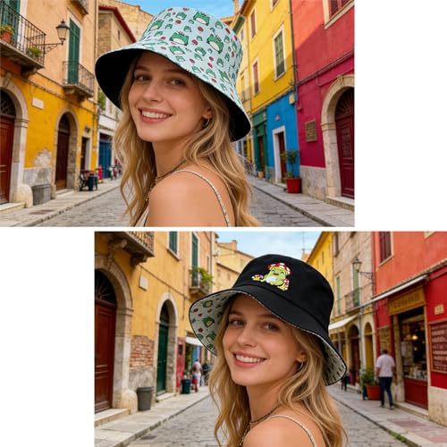Summer Reversible Bucket Hat - Packable Cute Pineapple Sun Hat for Beach, Golf, Fishing, Travel, Outdoor for Women Men - color: Frog