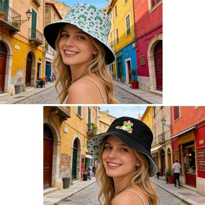 Summer Reversible Bucket Hat - Packable Cute Pineapple Sun Hat for Beach, Golf, Fishing, Travel, Outdoor for Women Men - color: Frog