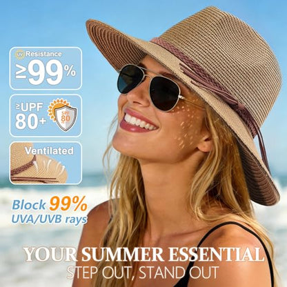 DRESHOW Women Straw Panama Hat Travel Fedora Beach Sun Hat Summer Wide Brim Straw Roll up Hat UPF 50+ - color: Straw Hat With Braided Band: Coffee