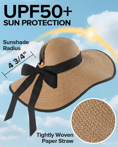 Sun Beach Hats for Women with Ponytail Hole, Floppy Wide Brim Beach Hat, Straw Summer Packable Sunhat Foldable Sun Protection - color: Khaki, size: Medium