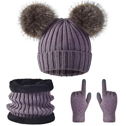 3 Pcs Women Winter Knit Beanie Hat Scarf Touchscreen Gloves Set Warm Soft Thick Fleece Lined Skull Cap with Double Pom Pom - color: Purple