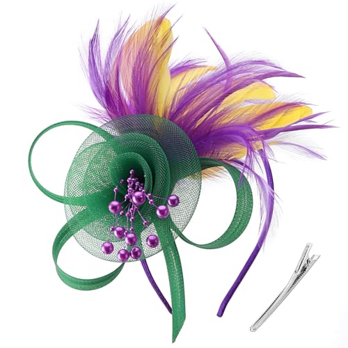 DRESHOW Fascinators Hats for Women Tulle Feather Tea Party Fascinator Hats - color: Green & Yellow & Purple