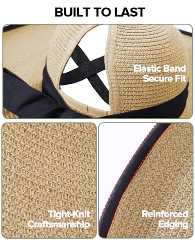 Sun Beach Hats for Women with Ponytail Hole, Floppy Wide Brim Beach Hat, Straw Summer Packable Sunhat Foldable Sun Protection - color: Beige, size: Medium