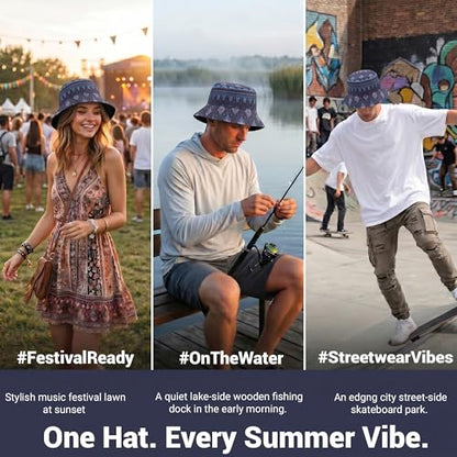 ZLYC Printed Bucket Hat for Women Men Packable Summer Sun Hat for Beach - color: Boho Navy