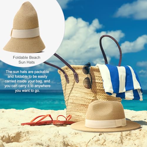 DRESHOW Women Straw Panama Hat Travel Fedora Beach Sun Hat Summer Wide Brim Straw Roll up Hats UPF 50+ - color: Fedora a Khaki (Beige Hatband)