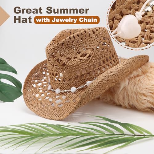 AQOKKA Straw Cowboy Hats for Women Men Western Cowgirl Hats with Shapeable Brim Woven Hollow Out Unisex Beach Roll Up Caps - color: Cowboy Hat : Dark Khaki a